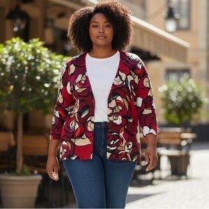 Chico’s Stylish Red cotton blend abstract Patterned high low Cardigan Sz L